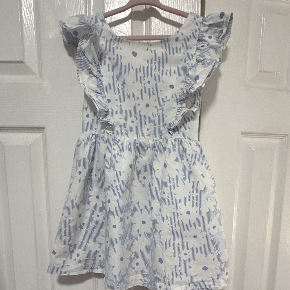 btween Girls 6 Fit & Flare Blue White Floral Square Neck Ruffle Bow Knee